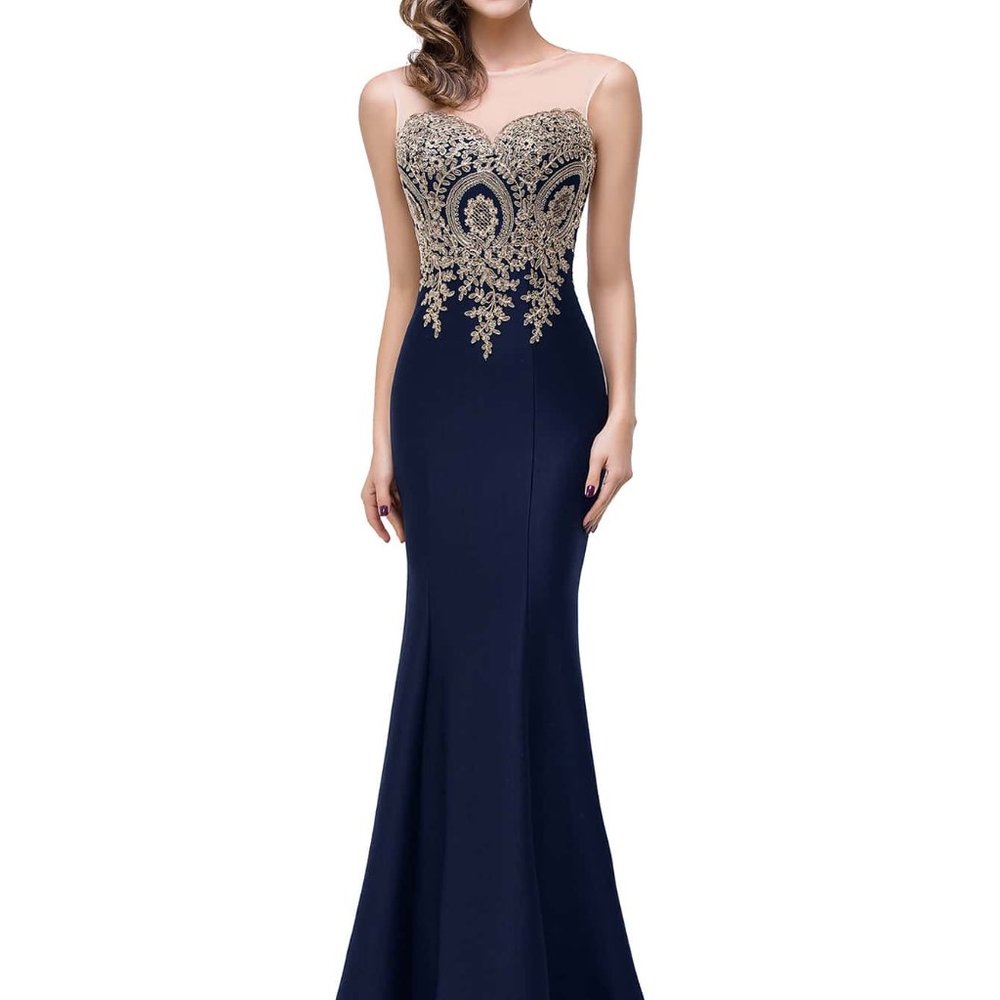 New Flower Embroidered Cut Out Back Mermaid Hem Bridesmaid Dress Navy Blue